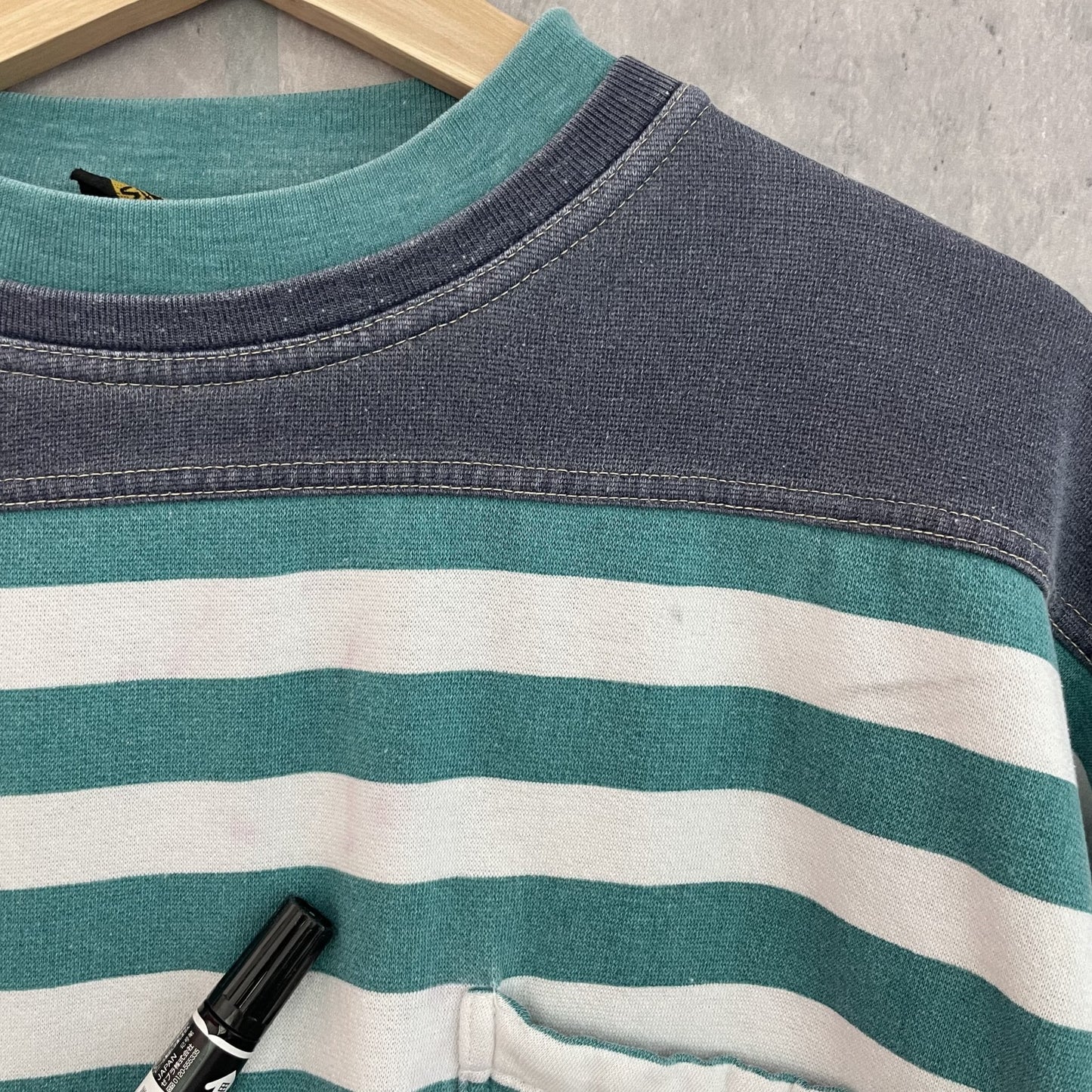 90s vintage 古着 ビンテージ PERMIT ボーダースウェット ワンポイント刺繍 切り返し アーム太 ストリート