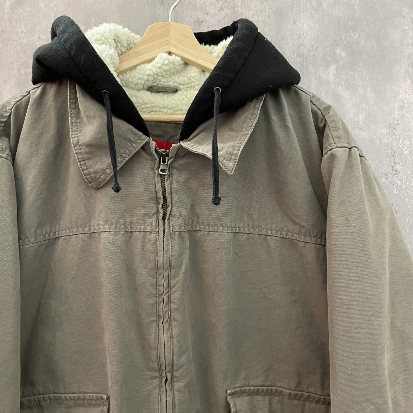 90s vintage 古着 ビンテージ ラングラー Wrangler フェイクレイヤードジャケット 内側ボア フード付 ダック地 フルジップ