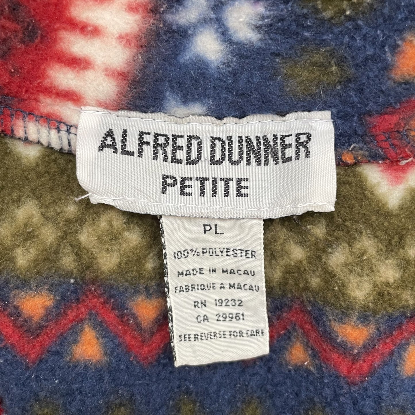 90s vintage 古着 ビンテージ 総柄 雪柄 フリースジャケット フルジップ ALFRED DUNNER PETITE