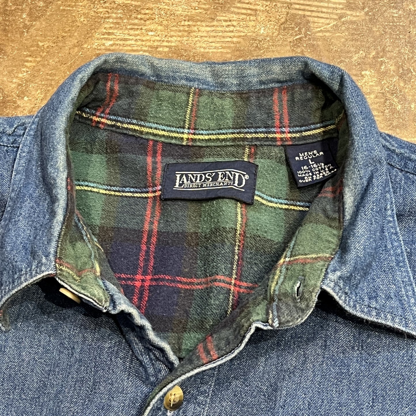 90s LAND'S END USA製 デニムシャツ 裏地チェックネル