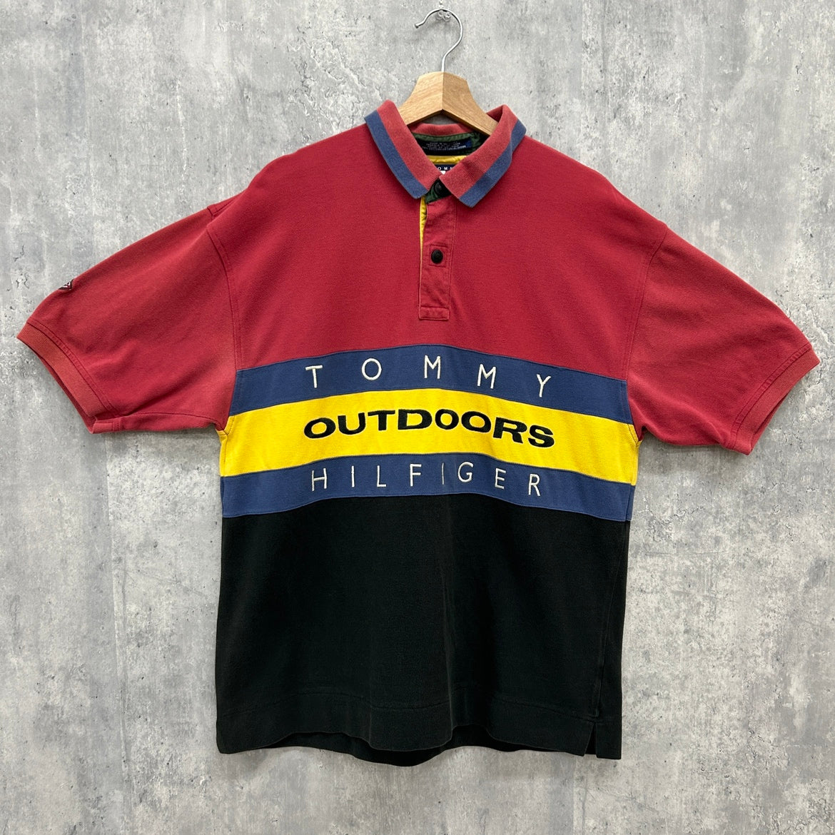 90s TOMMY HILFIGER OUTDOORS ポロシャツ トミーヒルフィガー クレイジーパターン GEAR スナップボタン 90年代 古着 ビンテージ L