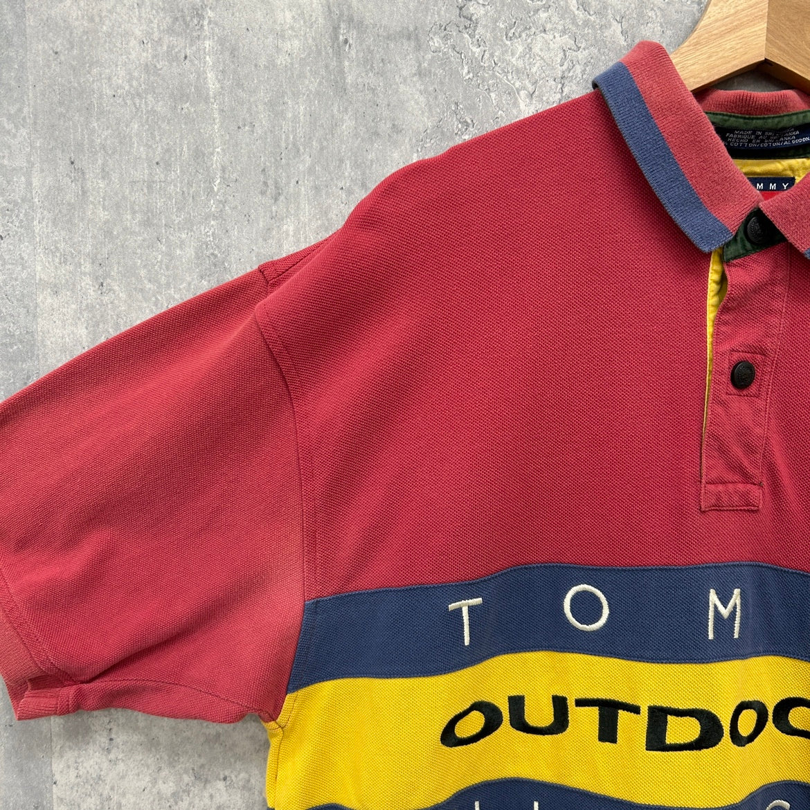 90s TOMMY HILFIGER OUTDOORS ポロシャツ トミーヒルフィガー クレイジーパターン GEAR スナップボタン 90年代 古着 ビンテージ L