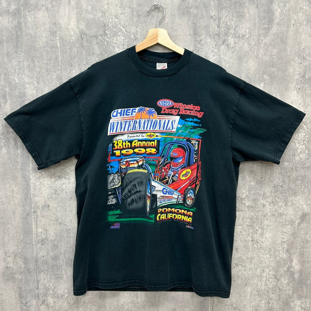 90s JERZEES NHRA Winston Drag Racing 1998 Tシャツ ジャージーズ 半袖 レーシング 車 古着 ビンテージ ブラック XL