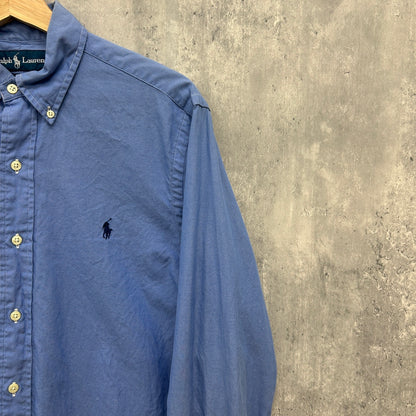 90s POLO Ralph Lauren 長袖シャツ ラルフローレン ワンポイント ロゴ 刺しゅう 古着 ビンテージ ブルー XL相当