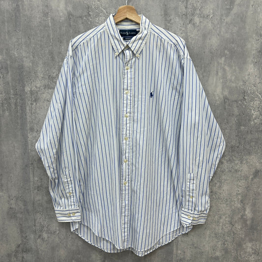 90s POLO Ralph Lauren 長袖シャツ ラルフローレン YARMOUTH ワンポイント ロゴ 刺しゅう 古着 ビンテージ ブルー ストライプ XL相当