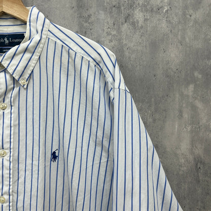 90s POLO Ralph Lauren 長袖シャツ ラルフローレン YARMOUTH ワンポイント ロゴ 刺しゅう 古着 ビンテージ ブルー ストライプ XL相当