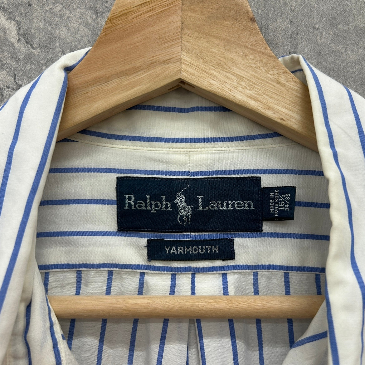 90s POLO Ralph Lauren 長袖シャツ ラルフローレン YARMOUTH ワンポイント ロゴ 刺しゅう 古着 ビンテージ ブルー ストライプ XL相当