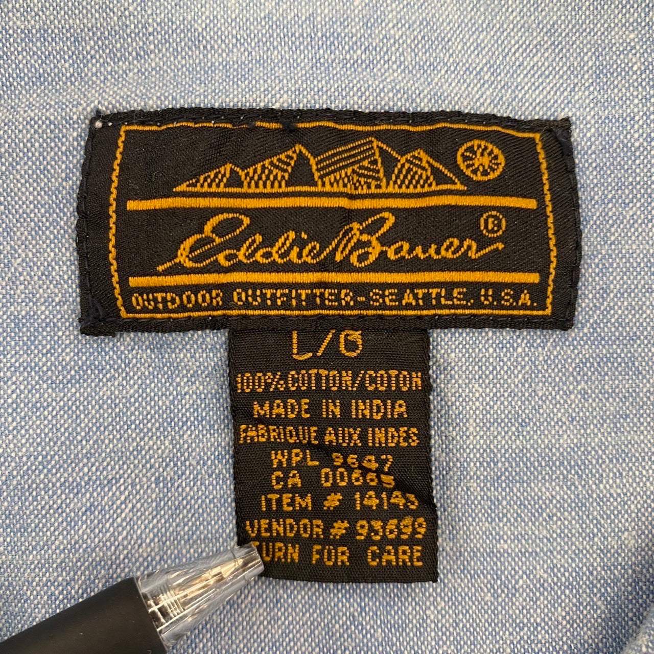 90s' 黒タグ Eddie Bauer エディーバウアー ダンガリーシャツ 長袖シャツ ボタンダウン インド製 Lサイズ