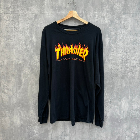 THRASHER スラッシャー ロゴ長袖Ｔシャツ クルーネック 100％コットン ブラック 古着 スケーター