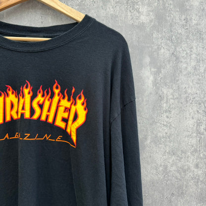 THRASHER スラッシャー ロゴ長袖Ｔシャツ クルーネック 100％コットン ブラック 古着 スケーター