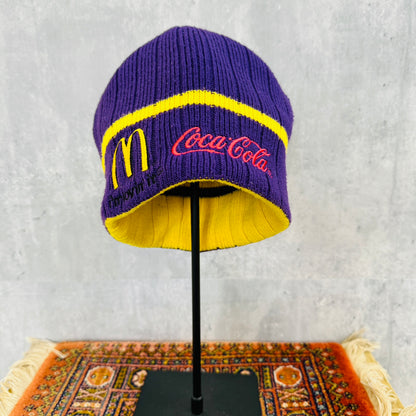 マクドナルド コカ・コーラ 刺繍ニット帽子 リバーシブル 紫 黄 古着