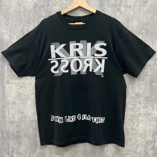 90s USA製 Hanes KRISS KROSS "DOWN LIKE 4 FLAT TIRES" Tシャツ クリスクロス 半袖 ヒップホップ ストリート ブラック 黒