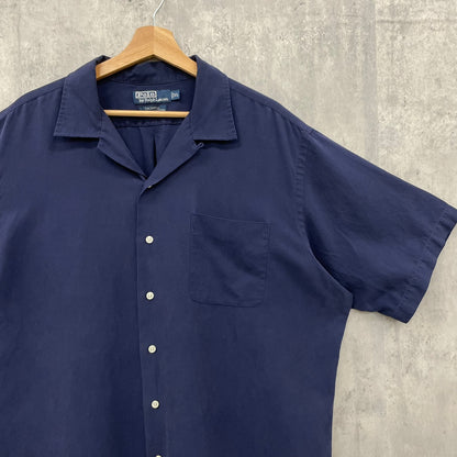 90s Polo by Ralph Lauren CALDWELL 開襟シャツ 無地 オープンカラー silk × cotton ポロバイラルフローレン ネイビー 紺 半袖シャツ XL