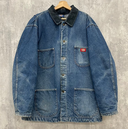 90s Dickies デニムカバーオールジャケット ディッキーズ ワークジャケット 裏地ブランケット 90年代 古着 ビンテージ 長袖  XL インディゴ