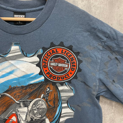 95s USA製 HARLEY-DAVIDSON ハーレーダビッドソン バイク ビッグプリント アメリカン 半袖 Tシャツ 古着 ビンテージ ネイビー M