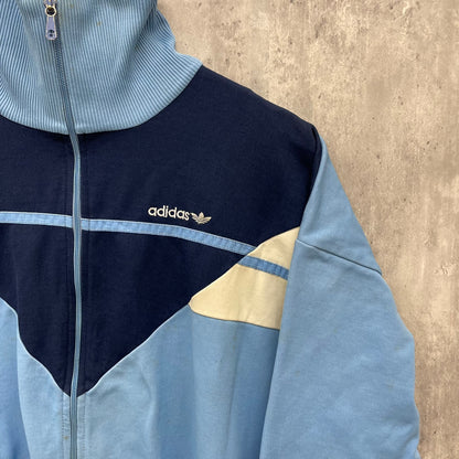 80s adidas トレフォイル トラックジャケット アディダス 万国旗タグ ワンポイント ロゴ ブルー M相当