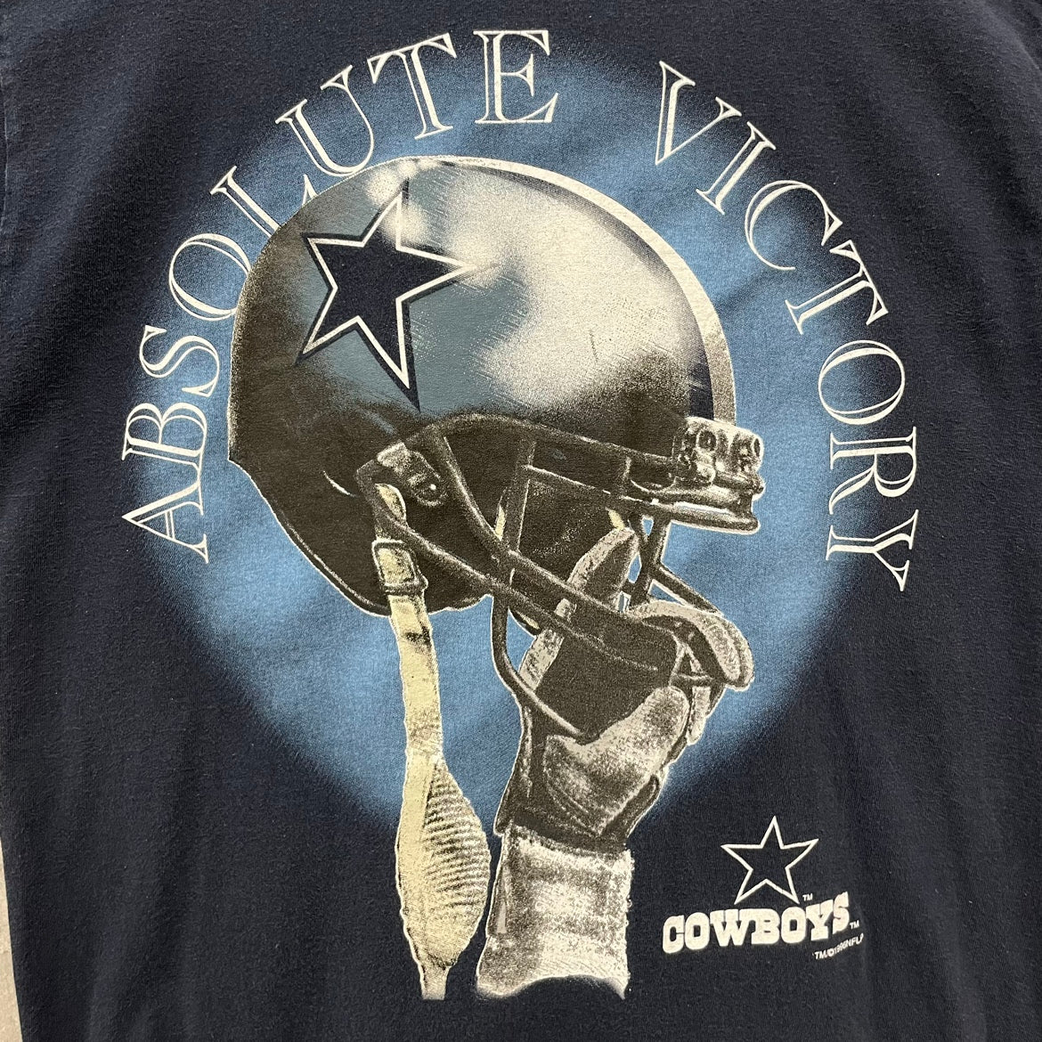 90s USA製 NFL Dallas Cowboys "ABSOLUTE VICTORY" Tシャツ ダラス・カウボーイズ 半袖 アメフト チーム系 両面プリント ネイビー L