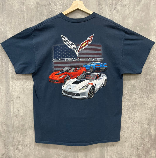 Chevrolet "CORVETTE" Tシャツ シボレー コルベット 半袖 古着 ビンテージ 車 両面プリント ネイビー XL相当