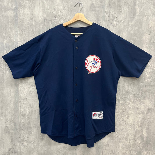 NEW YORK YANKEES ヤンキース ゲームシャツ ベースボールシャツ 野球 スポーツ 半袖シャツ 古着 ビンテージ ネイビー XL