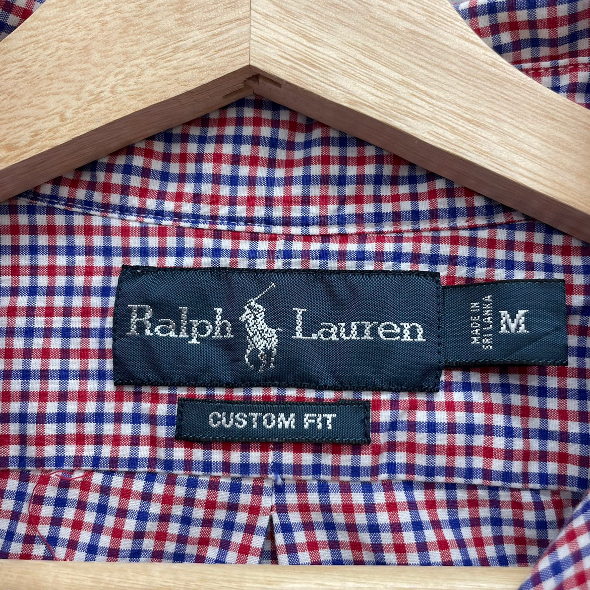 90s POLO Ralph Lauren 長袖シャツ ラルフローレン ワンポイント チェック ロゴ 刺しゅう 古着 ビンテージ レッド×ブルー  M