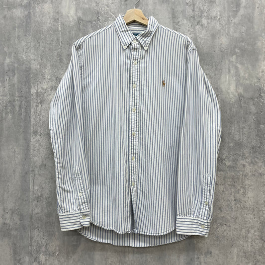 90s POLO Ralph Lauren 長袖シャツ ラルフローレン ワンポイント ロゴ 刺しゅう 古着 ビンテージ ブルー ストライプ L