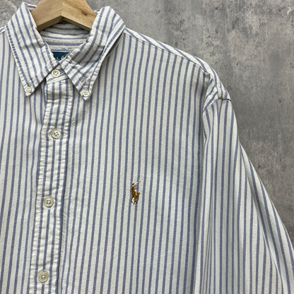 90s POLO Ralph Lauren 長袖シャツ ラルフローレン ワンポイント ロゴ 刺しゅう 古着 ビンテージ ブルー ストライプ L