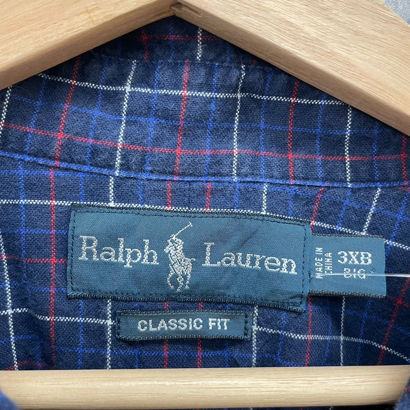 90s POLO Ralph Lauren 長袖シャツ CLASSIC FIT ラルフローレン ワンポイント チェックシャツ ロゴ 刺しゅう 古着 ビンテージ ネイビー 3XL