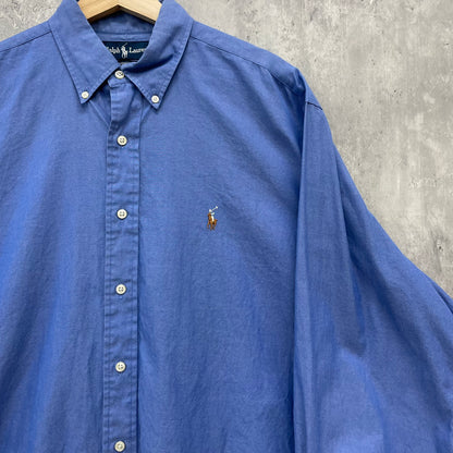 90s POLO Ralph Lauren 長袖シャツ ラルフローレン ワンポイント ロゴ 刺しゅう 古着 ビンテージ ブルー XL相当