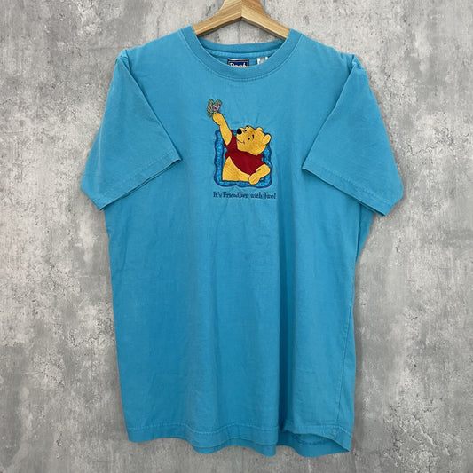90S VINTAGE 古着　ビンテージ　ディズニー　プーさん Pooh キャラクター　刺繍　ライトブルー　アニメ