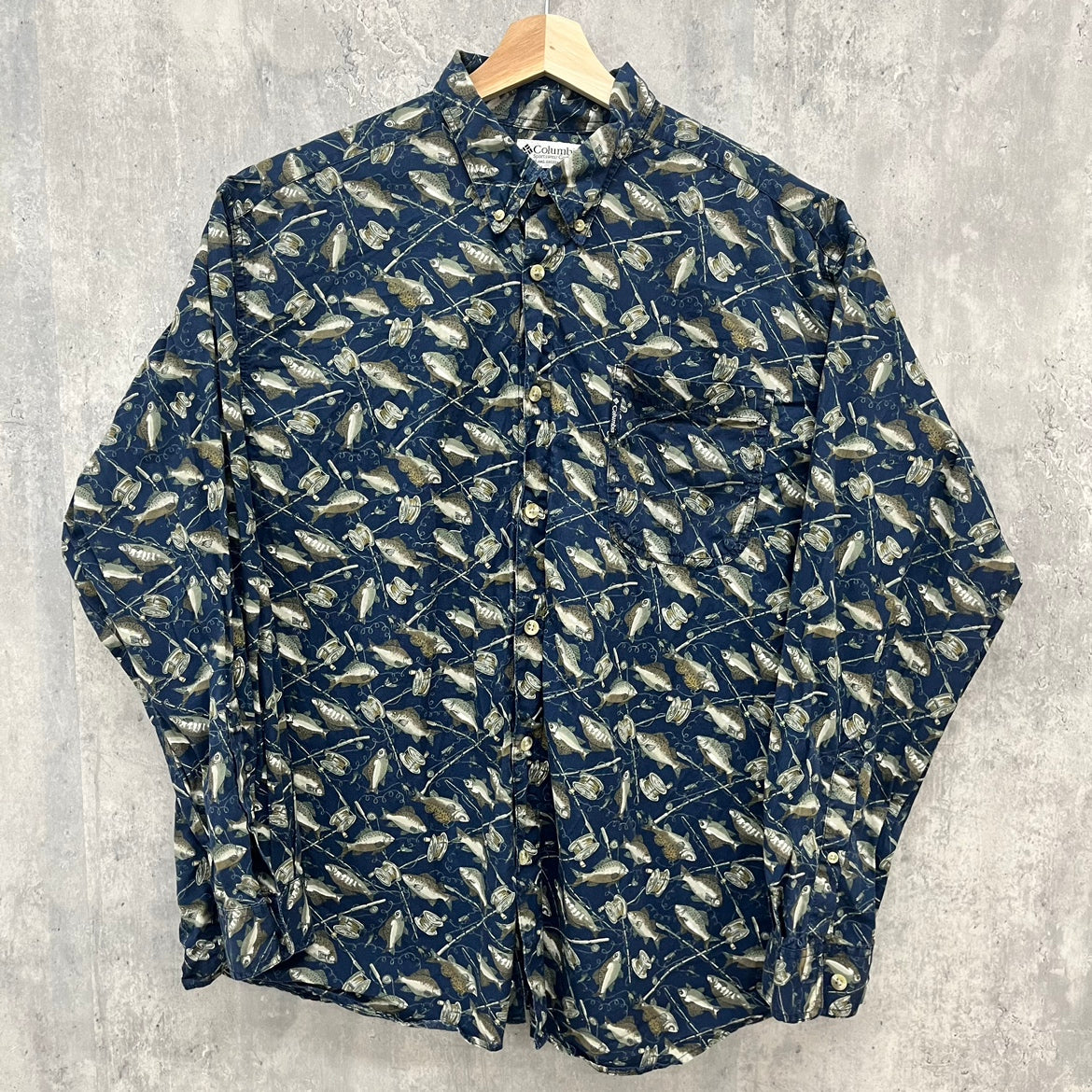 90s Columbia Fishing Fish 長袖シャツ コロンビア 総柄シャツ BDシャツ フィッシング 古着 ビンテージ XL