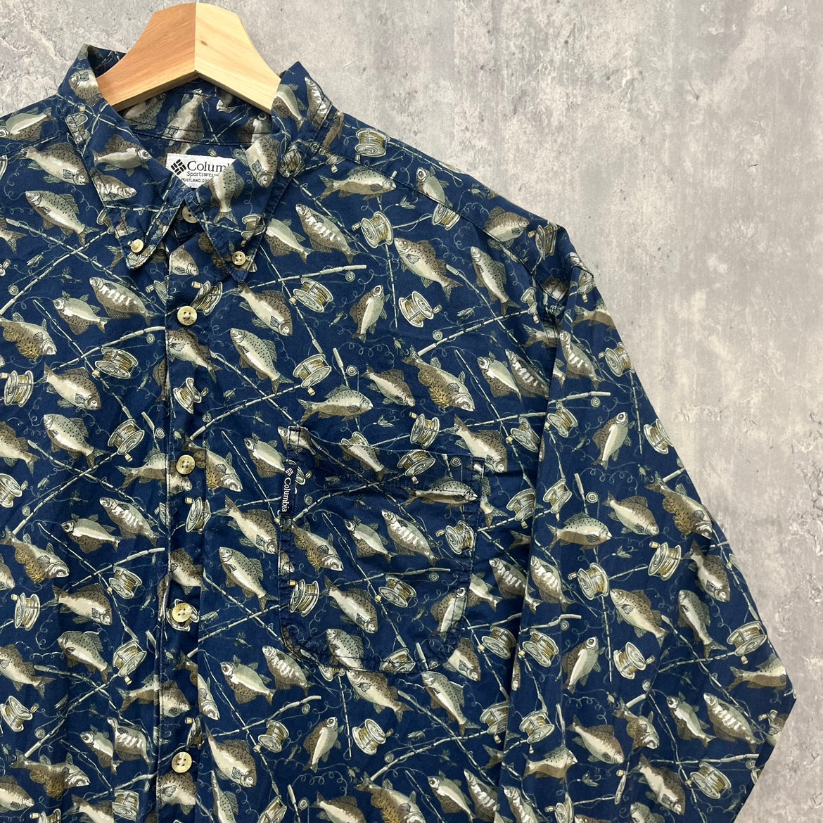 90s Columbia Fishing Fish 長袖シャツ コロンビア 総柄シャツ BDシャツ フィッシング 古着 ビンテージ XL