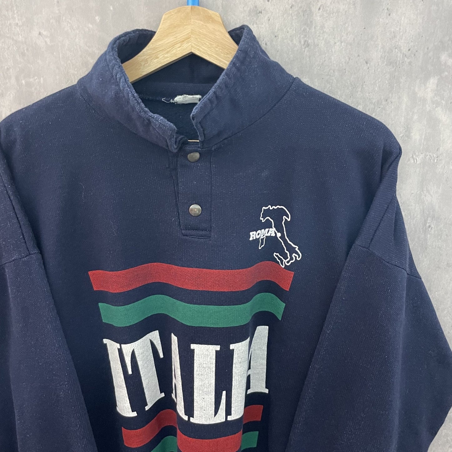 90s vintage 古着　ビンテージ　ROMA ITALIA ハーフスナップ　スウェット　ネック　襟　ヨーロッパ　ネイビー