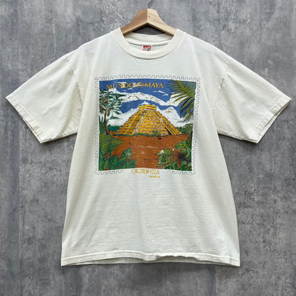 90s LANZA MUNDO MAYA マヤ文明 チチェン・イッツァ Tシャツ 半袖 古着 ビンテージ ホワイト L