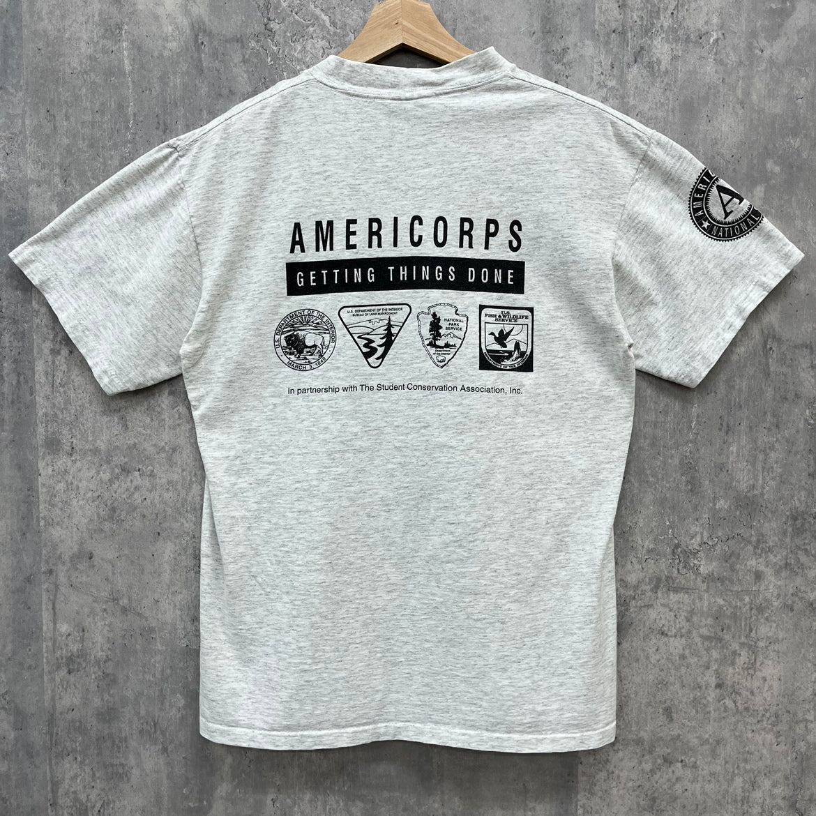 90s ONEITA SCA AmeriCorps Tシャツ 半袖 オニータ シングルステッチ 両面プリント 古着 ビンテージ グレー M