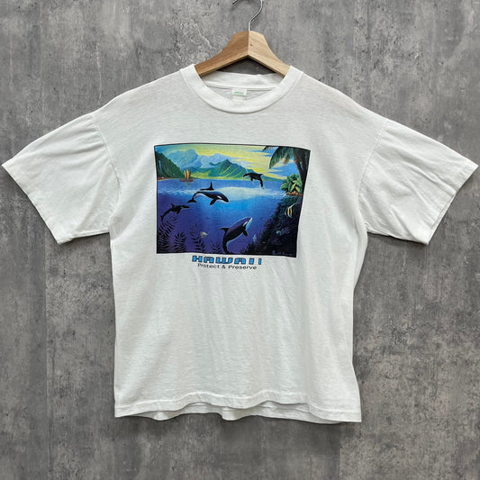 90s HAWAII アートTシャツ ハワイ グラフィック デザイン 動物 アニマル シングルステッチ 古着 ビンテージ ホワイト  L相当