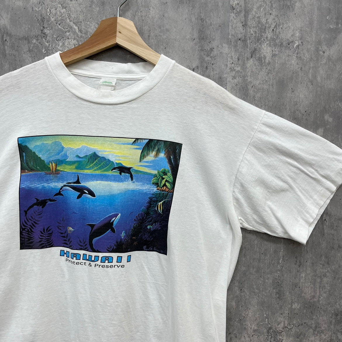 90s HAWAII アートTシャツ ハワイ グラフィック デザイン 動物 アニマル シングルステッチ 古着 ビンテージ ホワイト  L相当