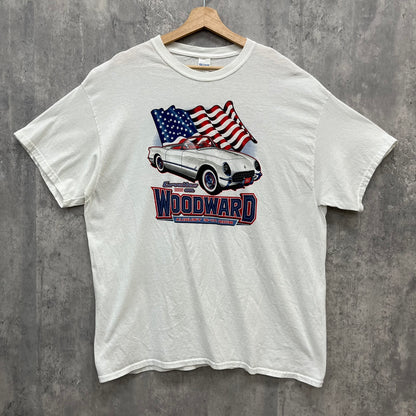 GILDAN CORVETTS on WOODWARD Tシャツ シボレー コルベット ギルダン 車 半袖 両面プリント 古着 ビンテージ ホワイト XL