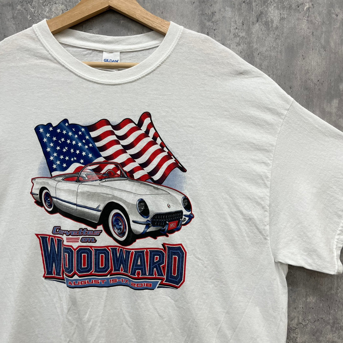 GILDAN CORVETTS on WOODWARD Tシャツ シボレー コルベット ギルダン 車 半袖 両面プリント 古着 ビンテージ ホワイト XL