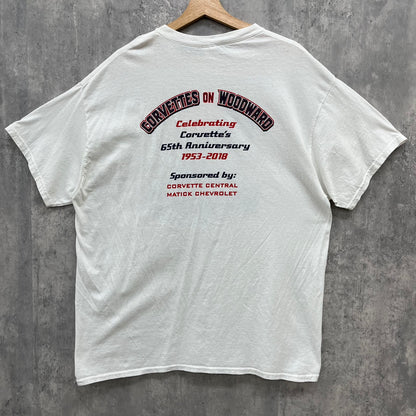 GILDAN CORVETTS on WOODWARD Tシャツ シボレー コルベット ギルダン 車 半袖 両面プリント 古着 ビンテージ ホワイト XL