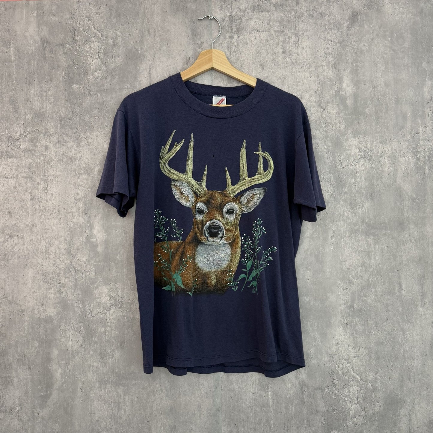 90s vintage 古着　ビンテージ　アニマル　鹿　プリント　半袖Tシャツ　ネイビー　USA製