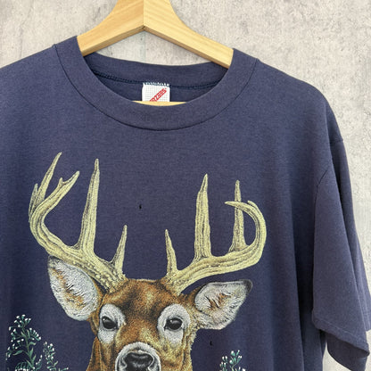 90s vintage 古着　ビンテージ　アニマル　鹿　プリント　半袖Tシャツ　ネイビー　USA製