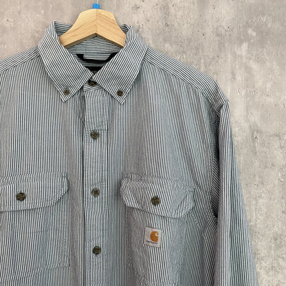 00s vintage 古着　ビンテージ　カーハート　Carhartt 長袖シャツ　ストライプ柄　ボタンダウン　ワンポイントロゴ　LOOSEFIT