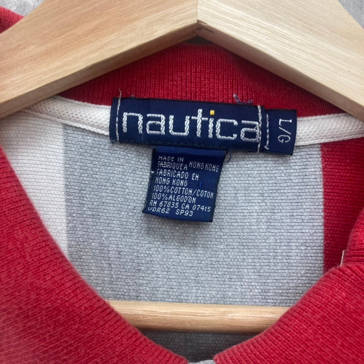 90s NAUTICA ポロシャツ 半袖 ワンポイント ロゴ 刺しゅう 古着 ビンテージ ホワイト×レッド L