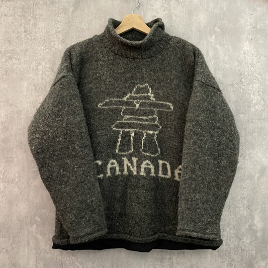 00s vintage 古着　ビンテージ　wool CANADA ニット　フロントデザイン　モックネック　裏地フリース