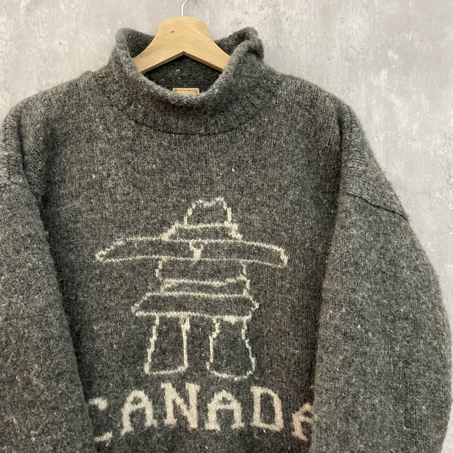 00s vintage 古着　ビンテージ　wool CANADA ニット　フロントデザイン　モックネック　裏地フリース