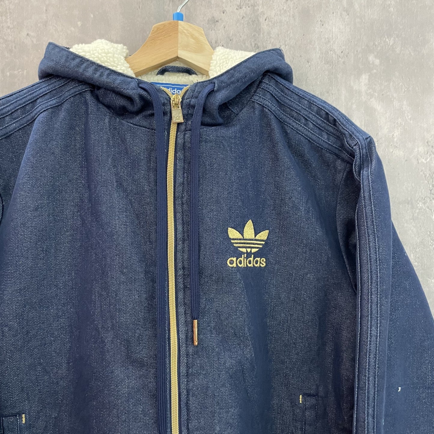 vintage 古着　ビンテージ　Adidas アディダス　デニムジャケット　フード付　ロゴ刺繍　内側ボア　トレフォイルロゴ　フーディ