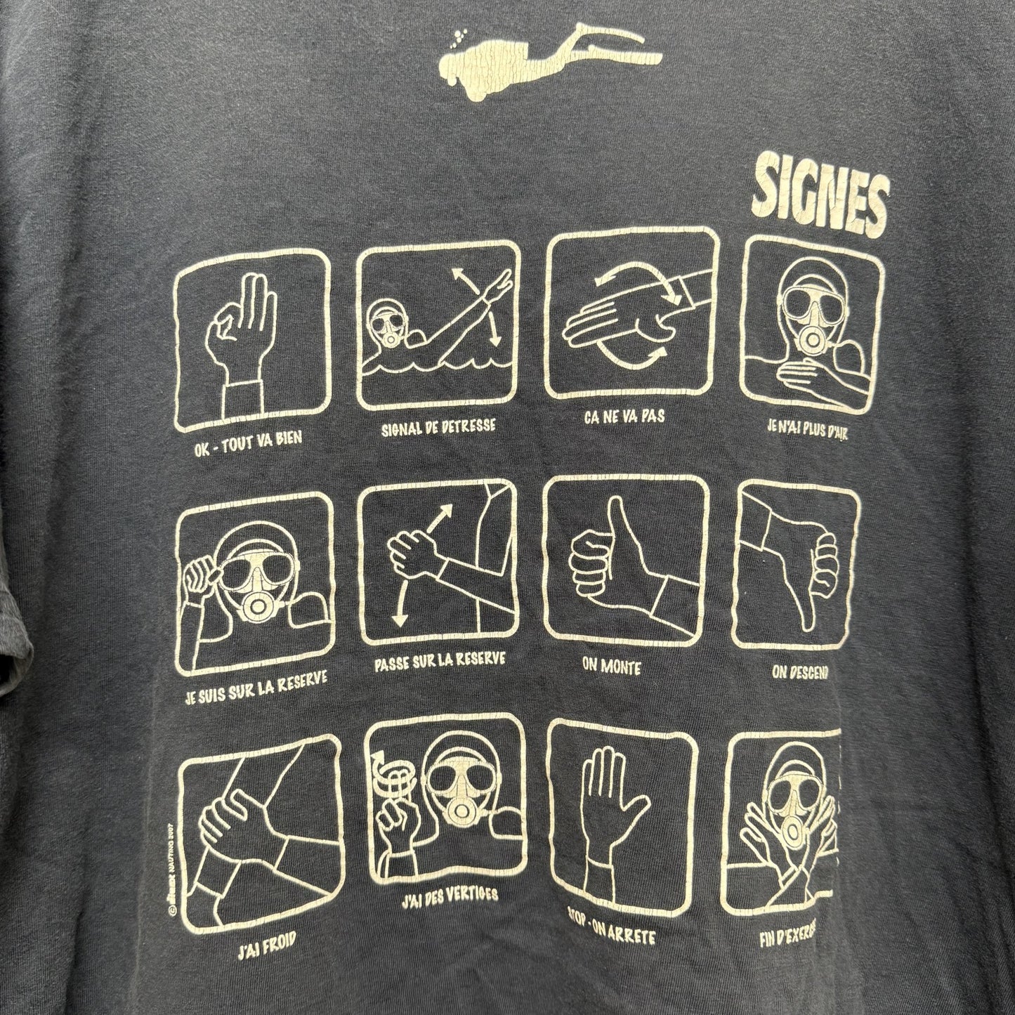 00s プリントTシャツ　シティ　ストリート　オーバーサイズ　ダイバーサイン　SIGNESTシャツ　ネイビー