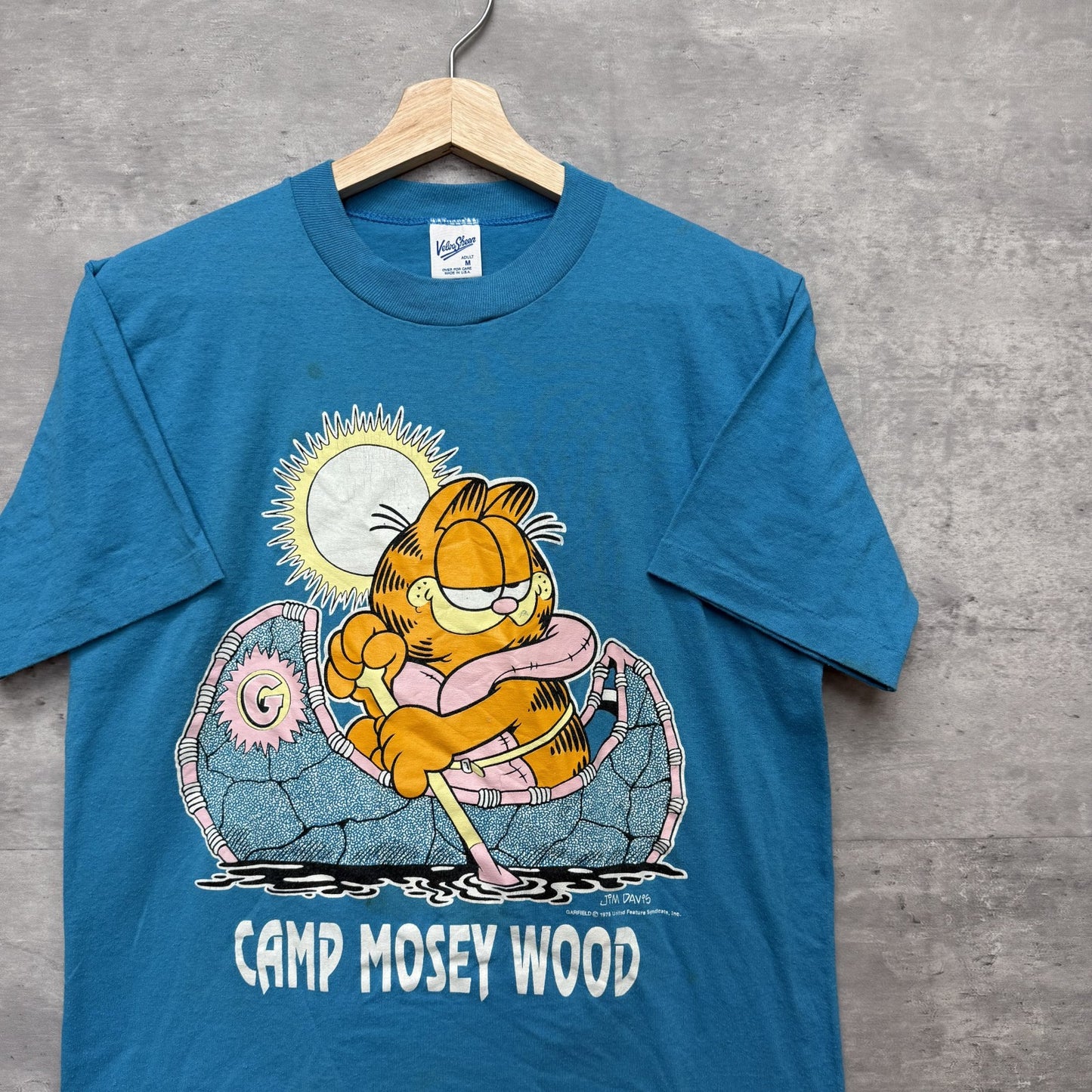 80s 90s vintage 古着　ビンテージ　Velva Sheen Tシャツ　ガーフィールド　キャラクター　アメリカ製　ライトブルー