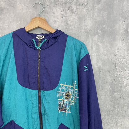 90s vintage PUMA 古着　プーマ　ビンテージ　ナイロンジャケット　ツートンカラー　フルジップ　フーディー付　ストリート