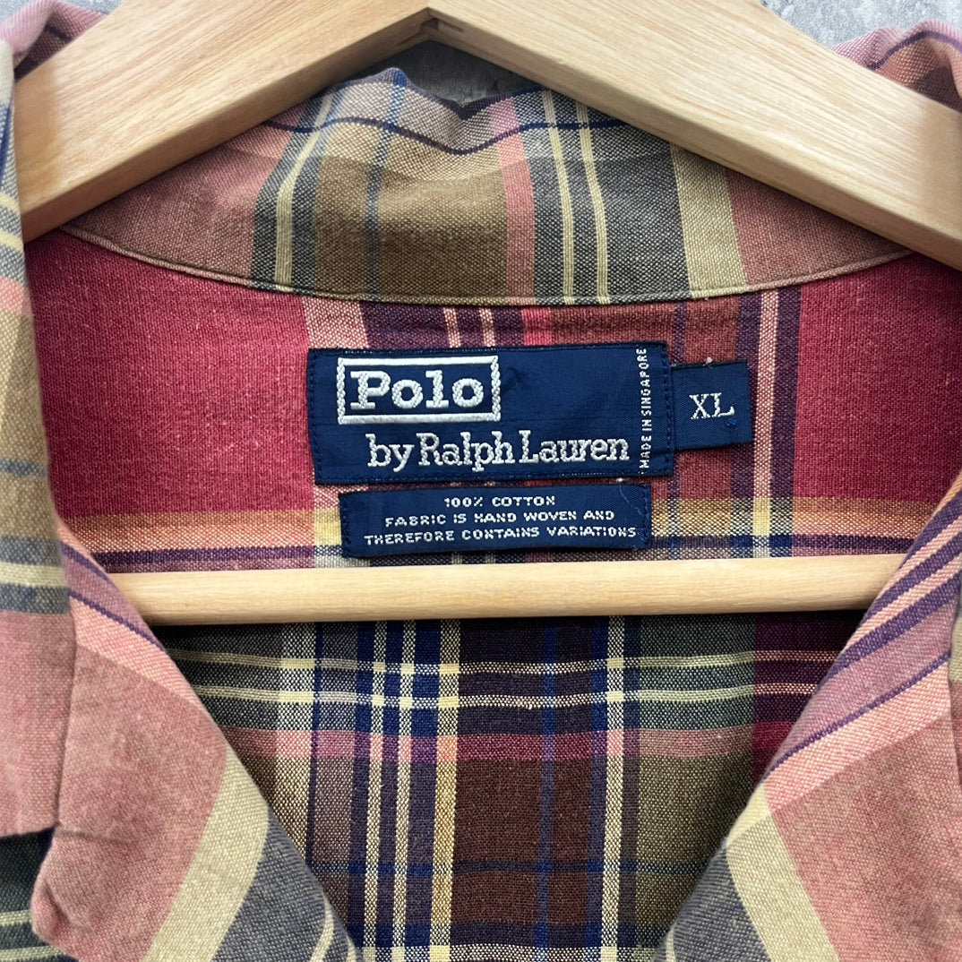 90s POLO Ralph Lauren 半袖シャツ ラルフローレン 開襟 オープンカラー チェック 古着 ビンテージ 赤 XL